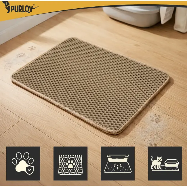 Purlov Kattenbakmat 60 x 45 cm beige met honingraatstructuur, opvangvak en stevige antislip bodem