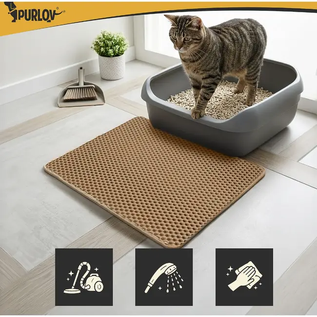 Purlov Kattenbakmat 60 x 45 cm beige met honingraatstructuur, opvangvak en stevige antislip bodem