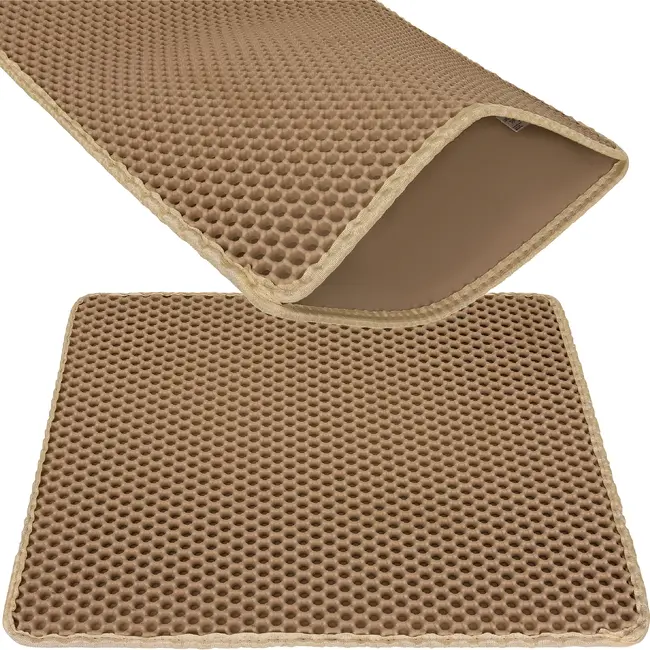 Purlov Kattenbakmat 60 x 45 cm beige met honingraatstructuur, opvangvak en stevige antislip bodem