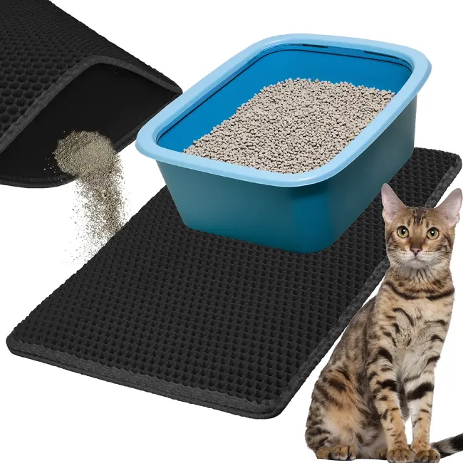Purlov Zwarte kattenbakmat 60 x 45 cm met dubbele laag, antislip onderkant en opvangvak voor vulling