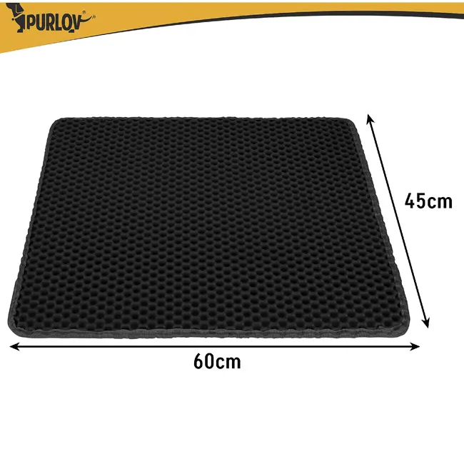 Purlov Zwarte kattenbakmat 60 x 45 cm met dubbele laag, antislip onderkant en opvangvak voor vulling