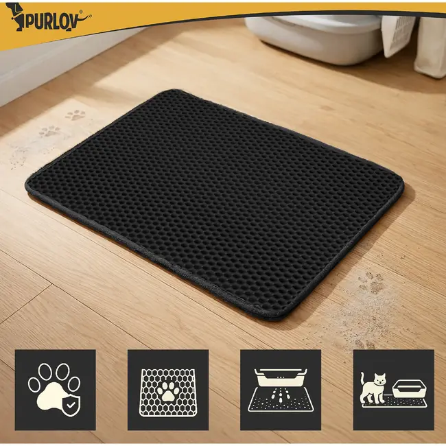 Purlov Zwarte kattenbakmat 60 x 45 cm met dubbele laag, antislip onderkant en opvangvak voor vulling