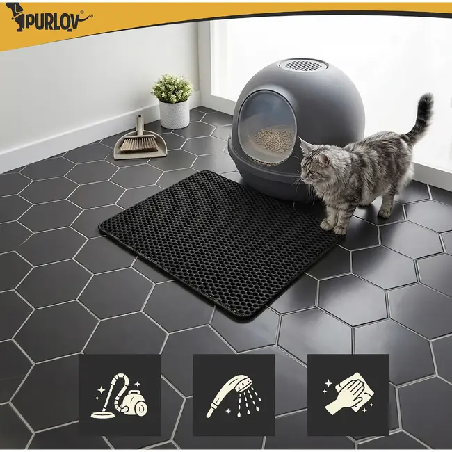 Purlov Zwarte kattenbakmat 60 x 45 cm met dubbele laag, antislip onderkant en opvangvak voor vulling