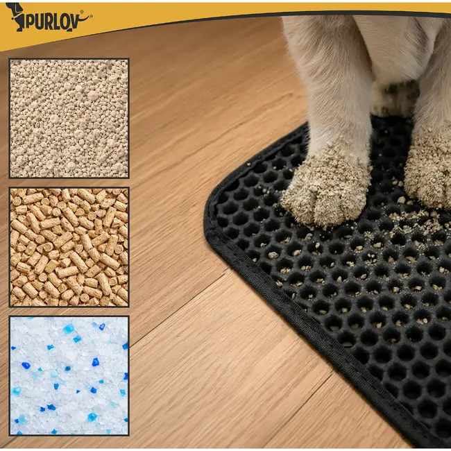 Purlov Zwarte kattenbakmat 60 x 45 cm met dubbele laag, antislip onderkant en opvangvak voor vulling