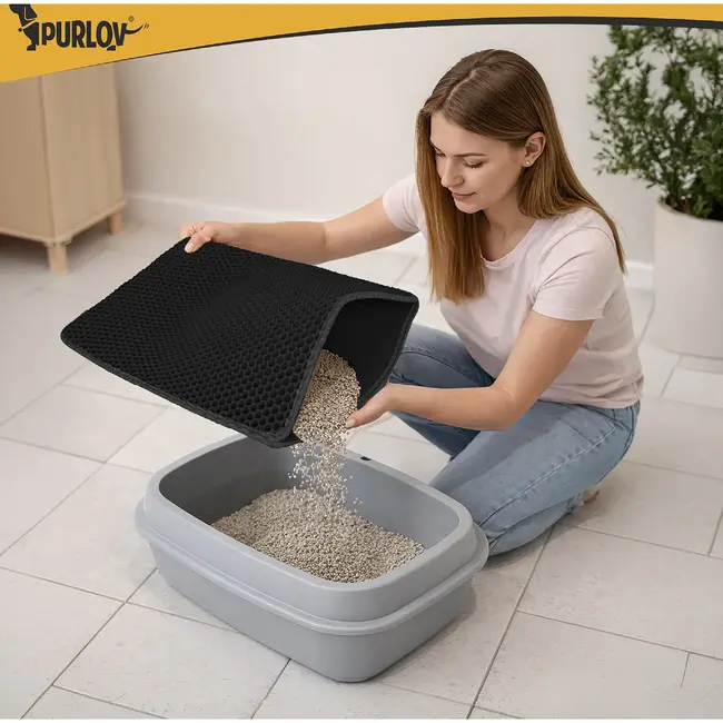 Purlov Zwarte kattenbakmat 60 x 45 cm met dubbele laag, antislip onderkant en opvangvak voor vulling