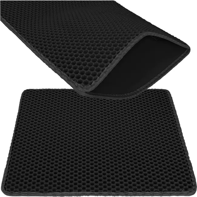 Purlov Zwarte kattenbakmat 60 x 45 cm met dubbele laag, antislip onderkant en opvangvak voor vulling
