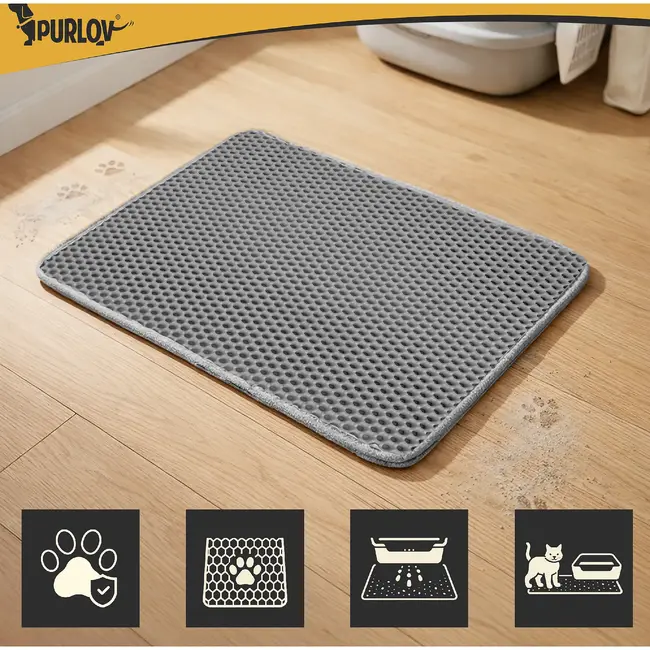 Purlov Kattenbakmat 60 x 45 cm grijs met tweelaagse honingraatstructuur voor minder grit in hu