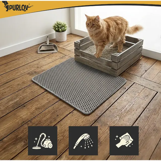 Purlov Kattenbakmat 60 x 45 cm grijs met tweelaagse honingraatstructuur voor minder grit in hu