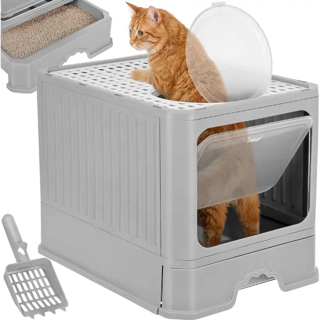 Purlov Gesloten kattenbak 50 x 36 x 38 cm met uittrekbare lade, topuitgang en schepje voor katten