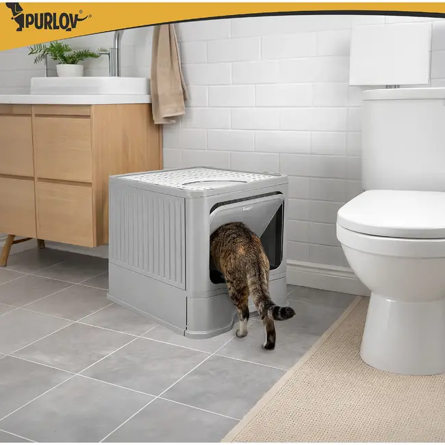 Purlov Gesloten kattenbak 50 x 36 x 38 cm met uittrekbare lade, topuitgang en schepje voor katten