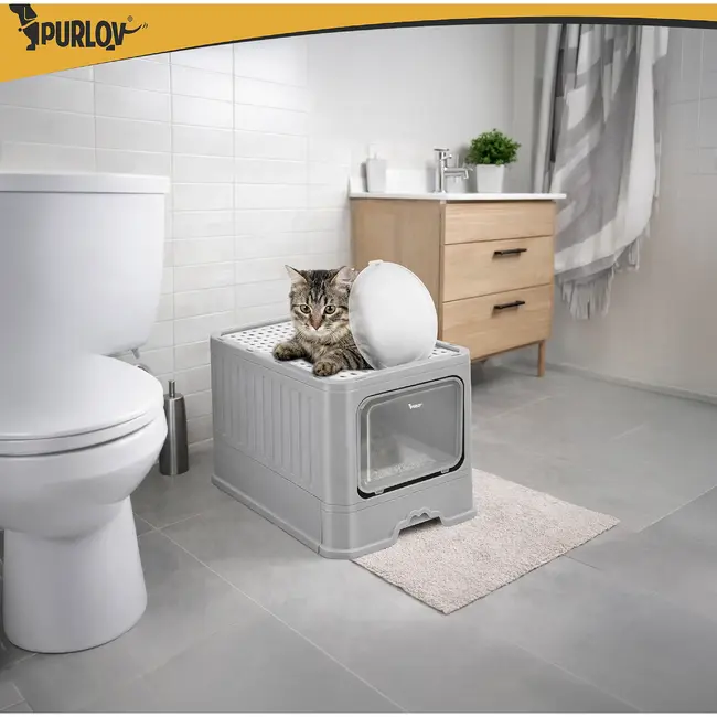 Purlov Gesloten kattenbak 50 x 36 x 38 cm met uittrekbare lade, topuitgang en schepje voor katten