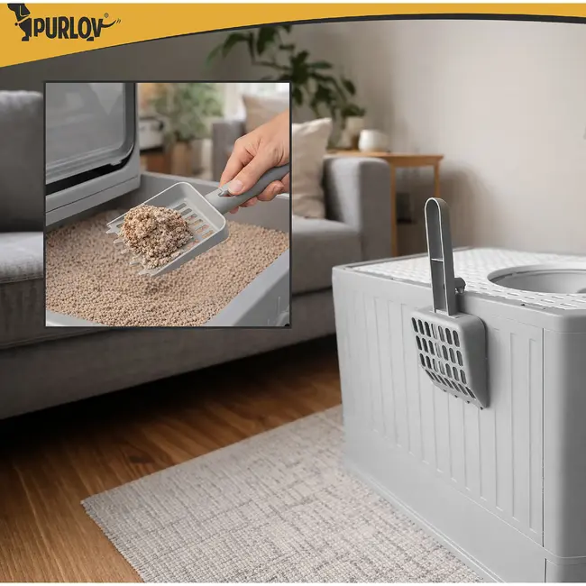 Purlov Gesloten kattenbak 50 x 36 x 38 cm met uittrekbare lade, topuitgang en schepje voor katten