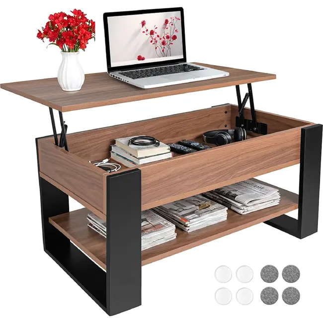 Kruzzel Salontafel 92 x 51 x 47 cm met liftbaar blad, verborgen opbergvak, onderplank en metalen constructie voor woonkamer
