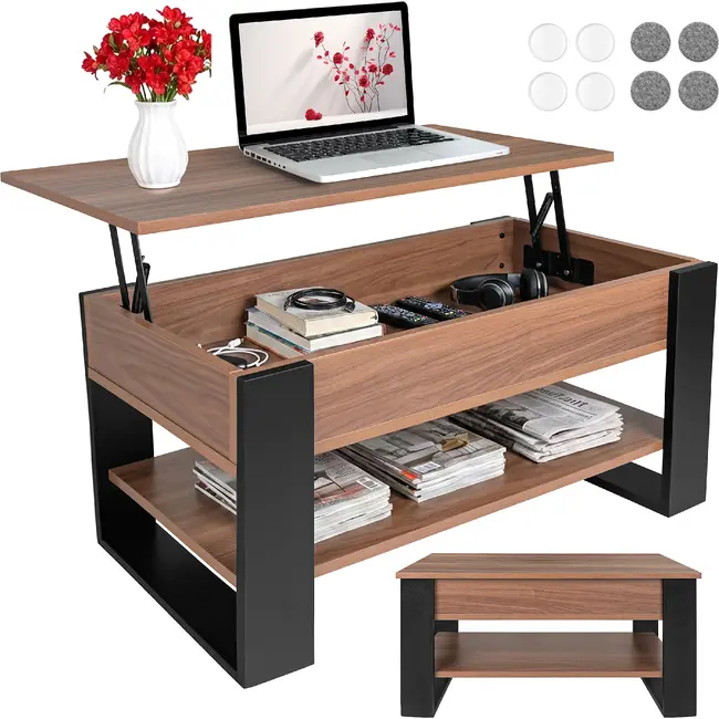 Kruzzel Salontafel 92 x 51 x 47 cm met liftbaar blad, verborgen opbergvak, onderplank en metalen constructie voor woonkamer