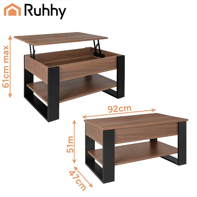 Kruzzel Salontafel 92 x 51 x 47 cm met liftbaar blad, verborgen opbergvak, onderplank en metalen constructie voor woonkamer