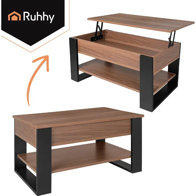 Kruzzel Salontafel 92 x 51 x 47 cm met liftbaar blad, verborgen opbergvak, onderplank en metalen constructie voor woonkamer