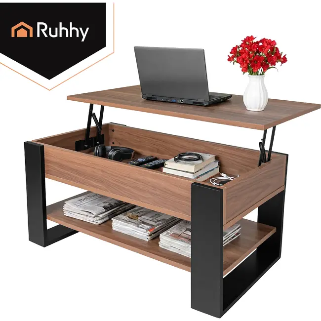 Kruzzel Salontafel 92 x 51 x 47 cm met liftbaar blad, verborgen opbergvak, onderplank en metalen constructie voor woonkamer