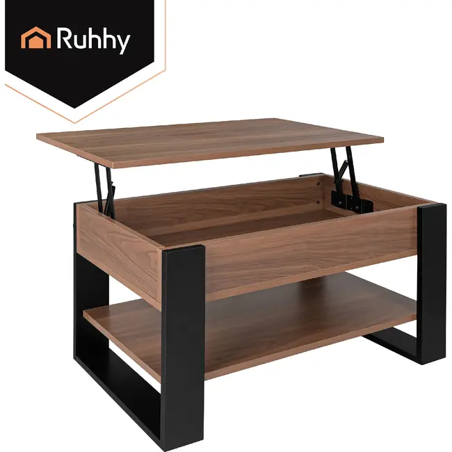 Kruzzel Salontafel 92 x 51 x 47 cm met liftbaar blad, verborgen opbergvak, onderplank en metalen constructie voor woonkamer