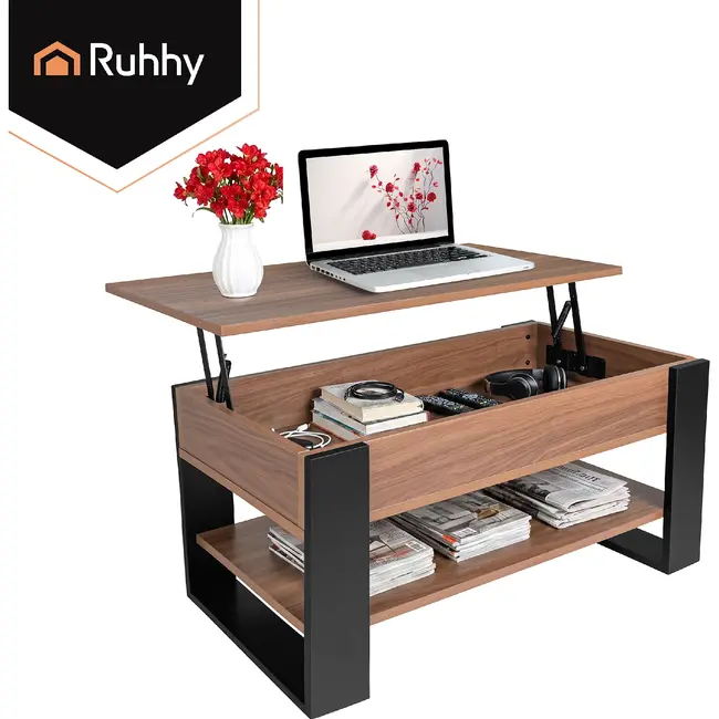 Kruzzel Salontafel 92 x 51 x 47 cm met liftbaar blad, verborgen opbergvak, onderplank en metalen constructie voor woonkamer