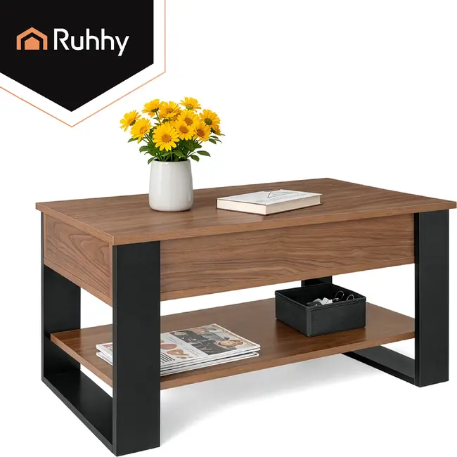 Kruzzel Salontafel 92 x 51 x 47 cm met liftbaar blad, verborgen opbergvak, onderplank en metalen constructie voor woonkamer