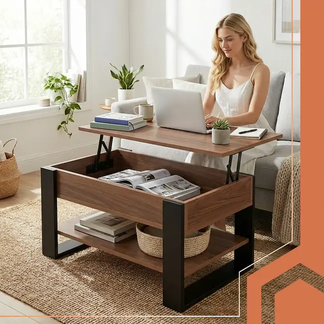 Kruzzel Salontafel 92 x 51 x 47 cm met liftbaar blad, verborgen opbergvak, onderplank en metalen constructie voor woonkamer