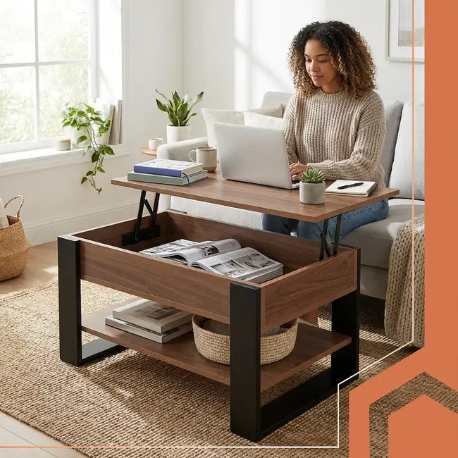 Kruzzel Salontafel 92 x 51 x 47 cm met liftbaar blad, verborgen opbergvak, onderplank en metalen constructie voor woonkamer