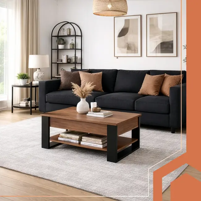 Kruzzel Salontafel 92 x 51 x 47 cm met liftbaar blad, verborgen opbergvak, onderplank en metalen constructie voor woonkamer