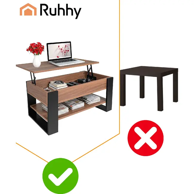 Kruzzel Salontafel 92 x 51 x 47 cm met liftbaar blad, verborgen opbergvak, onderplank en metalen constructie voor woonkamer