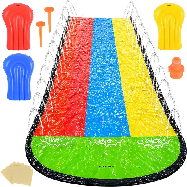 Kruzzel Waterglijbaan met fontein 480 x 210 cm, 3 banen, 3 opblaasbare glijplankjes, ankers en reparatiepatches
