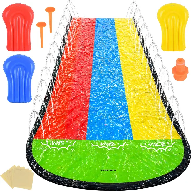 Kruzzel Waterglijbaan met fontein 480 x 210 cm, 3 banen, 3 opblaasbare glijplankjes, ankers en reparatiepatches