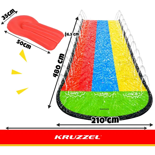 Kruzzel Waterglijbaan met fontein 480 x 210 cm, 3 banen, 3 opblaasbare glijplankjes, ankers en reparatiepatches