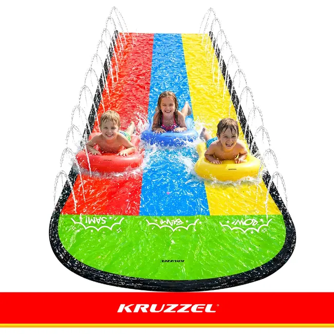 Kruzzel Waterglijbaan met fontein 480 x 210 cm, 3 banen, 3 opblaasbare glijplankjes, ankers en reparatiepatches