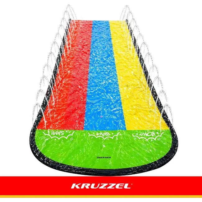Kruzzel Waterglijbaan met fontein 480 x 210 cm, 3 banen, 3 opblaasbare glijplankjes, ankers en reparatiepatches
