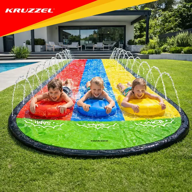 Kruzzel Waterglijbaan met fontein 480 x 210 cm, 3 banen, 3 opblaasbare glijplankjes, ankers en reparatiepatches