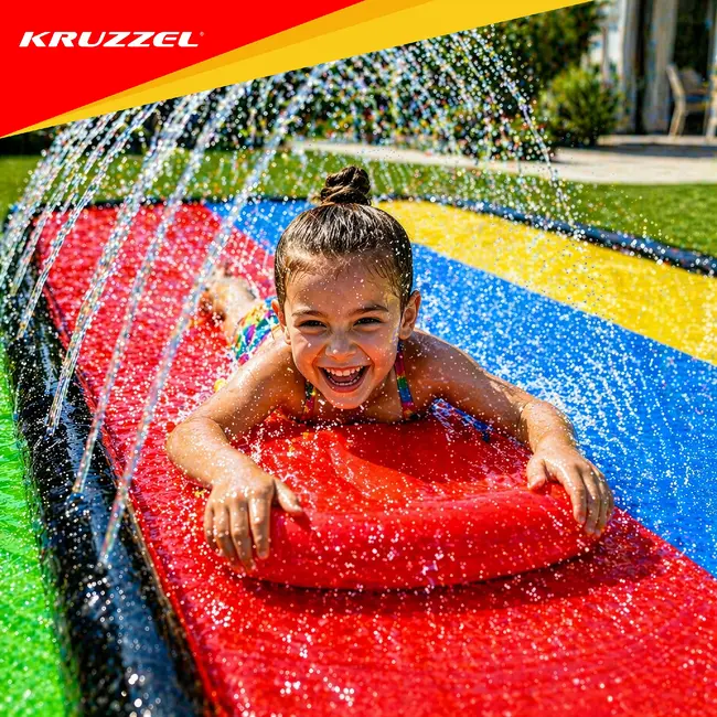 Kruzzel Waterglijbaan met fontein 480 x 210 cm, 3 banen, 3 opblaasbare glijplankjes, ankers en reparatiepatches