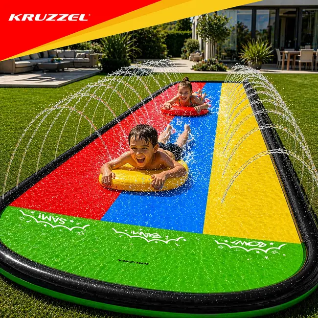 Kruzzel Waterglijbaan met fontein 480 x 210 cm, 3 banen, 3 opblaasbare glijplankjes, ankers en reparatiepatches