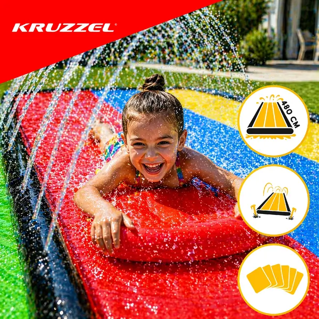 Kruzzel Waterglijbaan met fontein 480 x 210 cm, 3 banen, 3 opblaasbare glijplankjes, ankers en reparatiepatches
