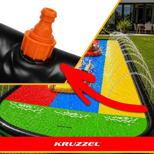 Kruzzel Waterglijbaan met fontein 480 x 210 cm, 3 banen, 3 opblaasbare glijplankjes, ankers en reparatiepatches