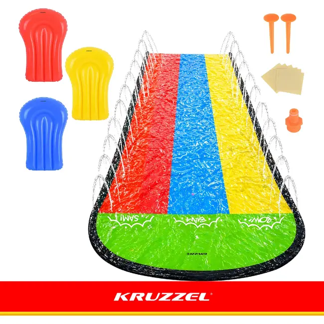 Kruzzel Waterglijbaan met fontein 480 x 210 cm, 3 banen, 3 opblaasbare glijplankjes, ankers en reparatiepatches