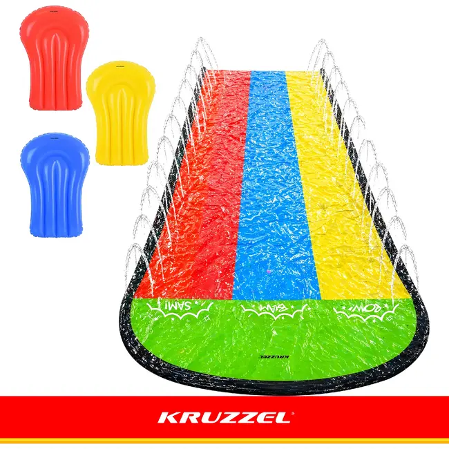 Kruzzel Waterglijbaan met fontein 480 x 210 cm, 3 banen, 3 opblaasbare glijplankjes, ankers en reparatiepatches