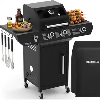 Kaminer Gasbarbecue 2+1 10 kW zwart met zijbrander, glazen deksel, gietijzeren rooster, rotisserie, LED-knoppen en hoes