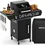 Kaminer Gasbarbecue 2+1 10 kW zwart met zijbrander, glazen deksel, gietijzeren rooster, rotisserie, LED-knoppen en hoes