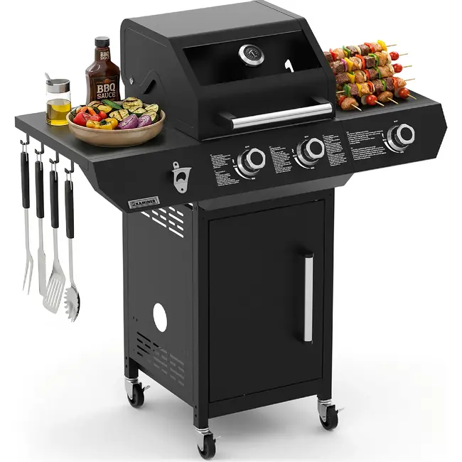 Kaminer Gasbarbecue 2+1 10 kW zwart met zijbrander, glazen deksel, gietijzeren rooster, rotisserie, LED-knoppen en hoes