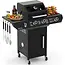 Kaminer Gasbarbecue 2+1 10 kW zwart met zijbrander, glazen deksel, gietijzeren rooster, rotisserie, LED-knoppen en hoes