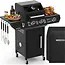 Kaminer Gasbarbecue 2+1 10 kW zwart met zijbrander, glazen deksel, gietijzeren rooster, rotisserie, LED-knoppen en hoes