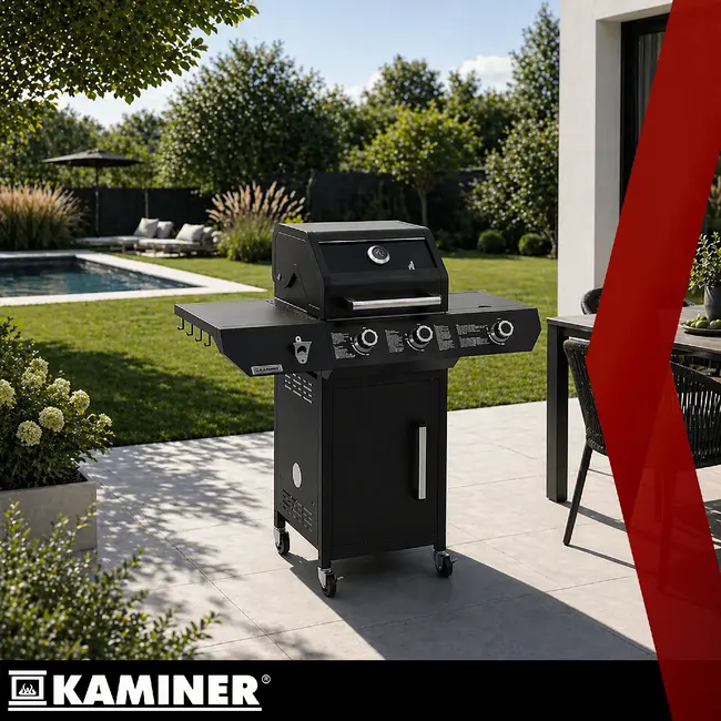 Kaminer Gasbarbecue 2+1 10 kW zwart met zijbrander, glazen deksel, gietijzeren rooster, rotisserie, LED-knoppen en hoes