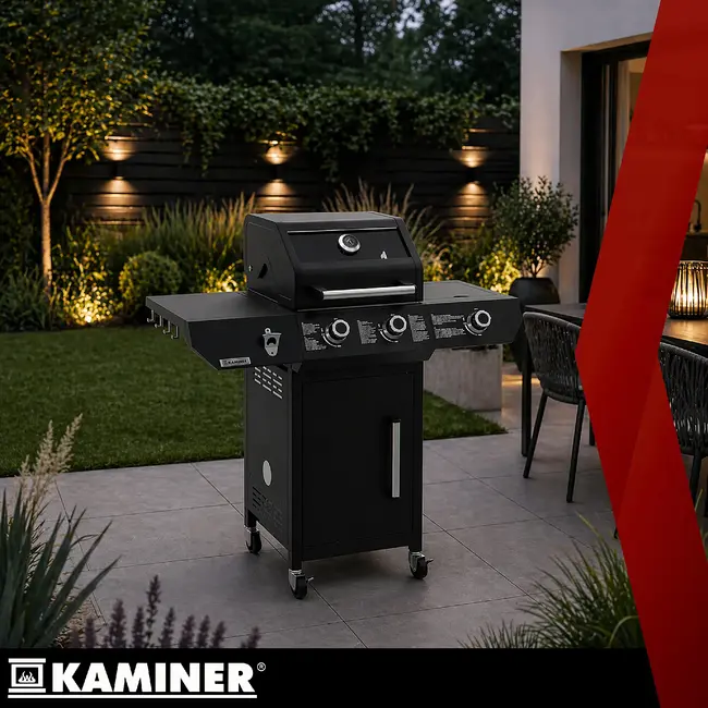 Kaminer Gasbarbecue 2+1 10 kW zwart met zijbrander, glazen deksel, gietijzeren rooster, rotisserie, LED-knoppen en hoes