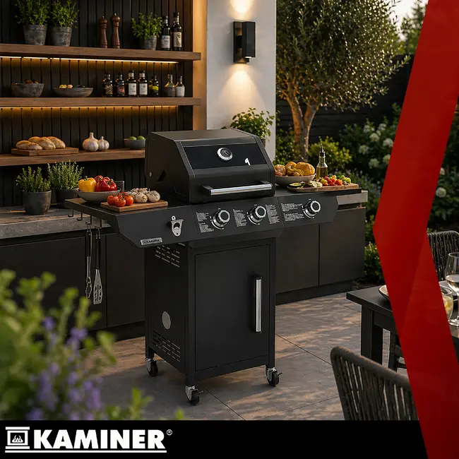 Kaminer Gasbarbecue 2+1 10 kW zwart met zijbrander, glazen deksel, gietijzeren rooster, rotisserie, LED-knoppen en hoes