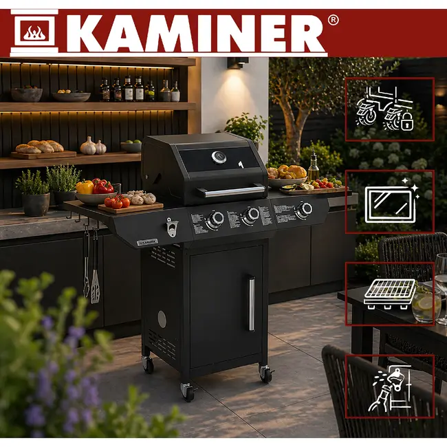 Kaminer Gasbarbecue 2+1 10 kW zwart met zijbrander, glazen deksel, gietijzeren rooster, rotisserie, LED-knoppen en hoes