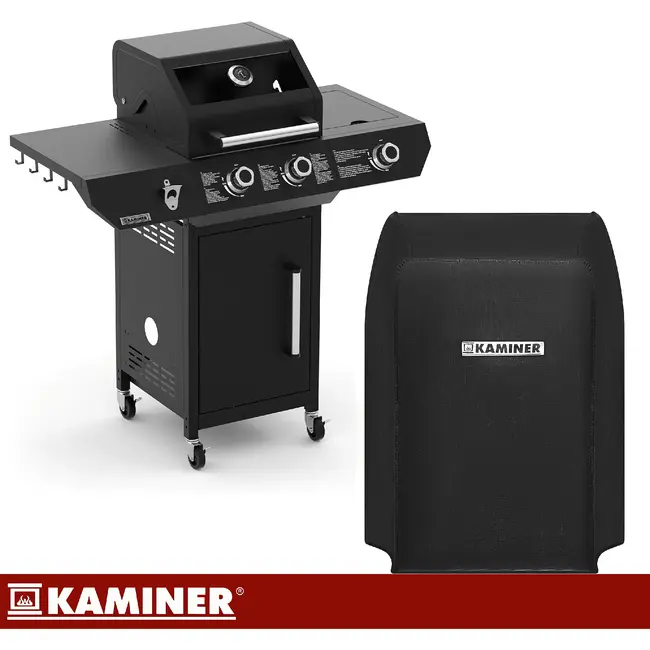 Kaminer Gasbarbecue 2+1 10 kW zwart met zijbrander, glazen deksel, gietijzeren rooster, rotisserie, LED-knoppen en hoes